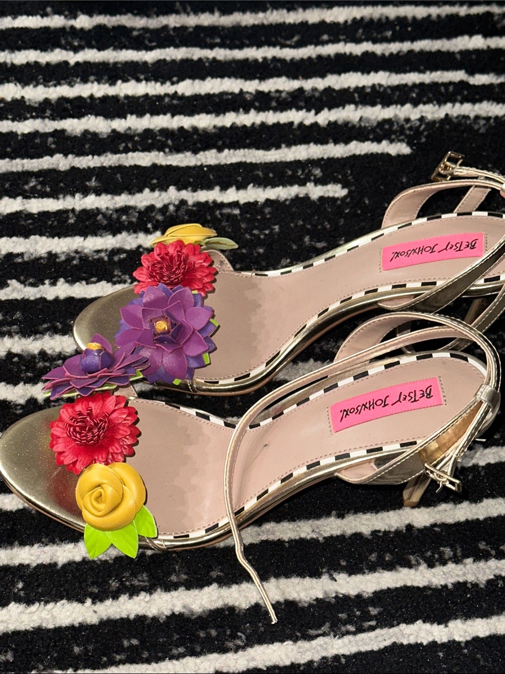 Betsey Johnson Gold Floral Strap Heels with Red, Purple & Yellow Flowers - Picture 4 of 6